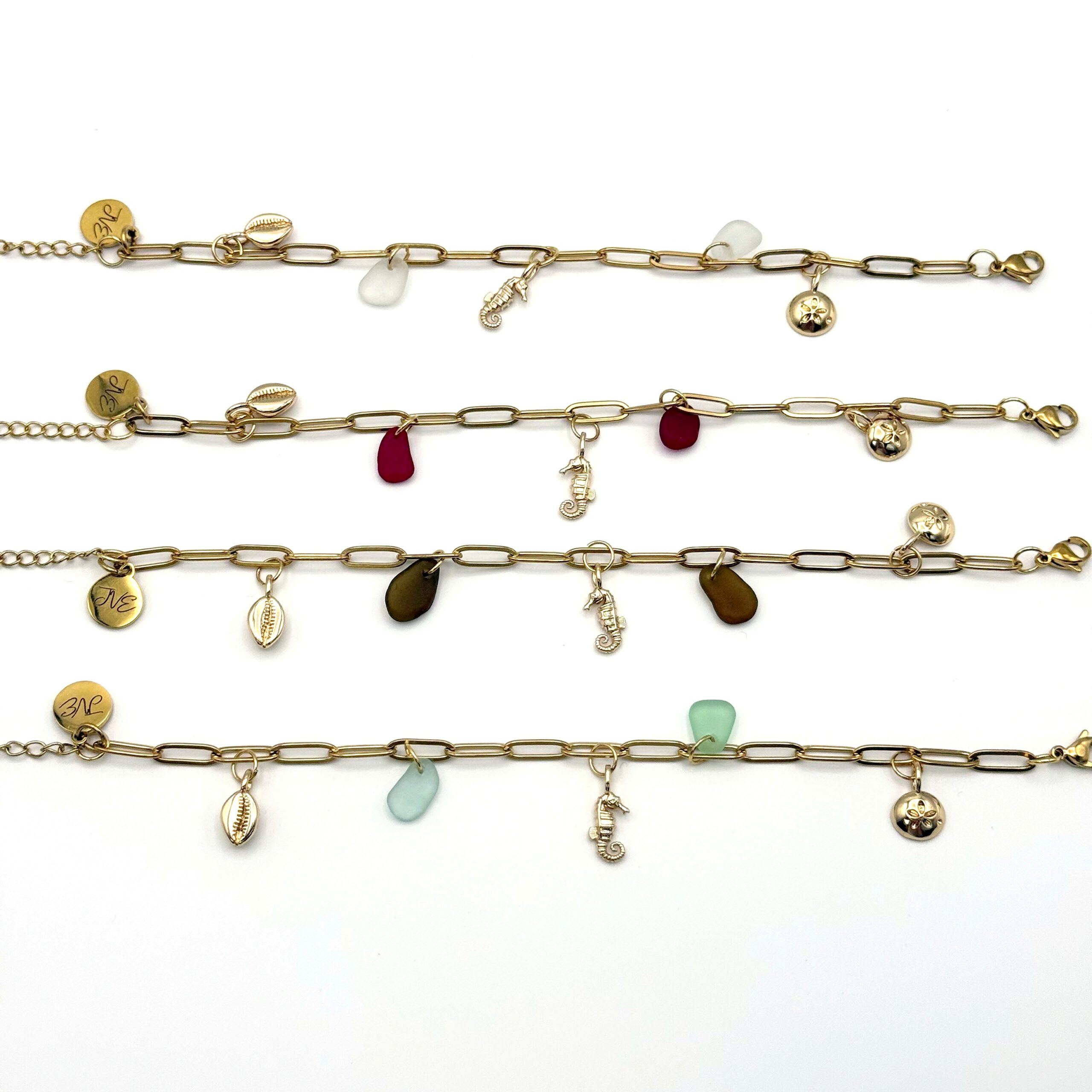 Collectie RVS Ocean Charms armbanden met zeeglas in verschillende kleuren