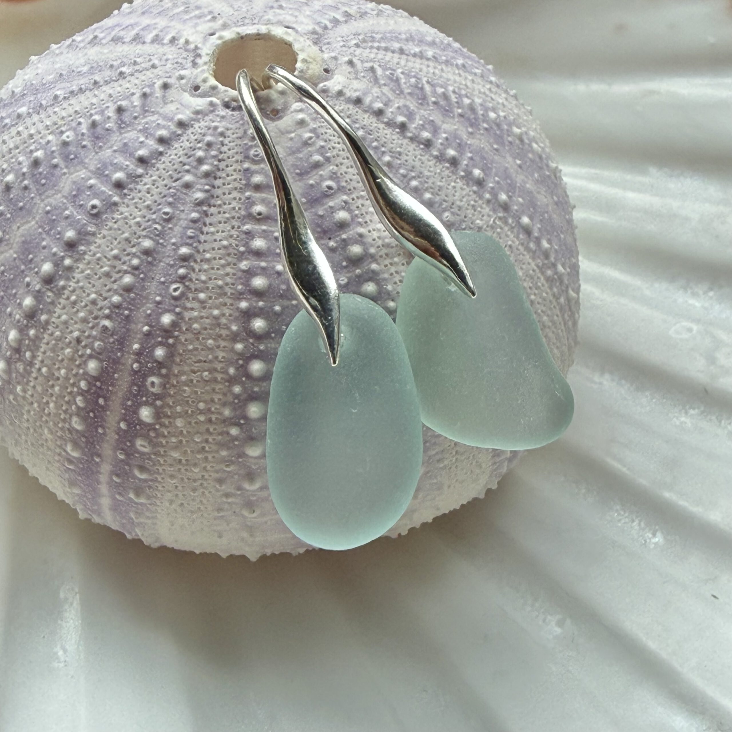 aqua zeeglas oorbellen met zilveren oorhaakjes hangend aan zeeegelschelp
