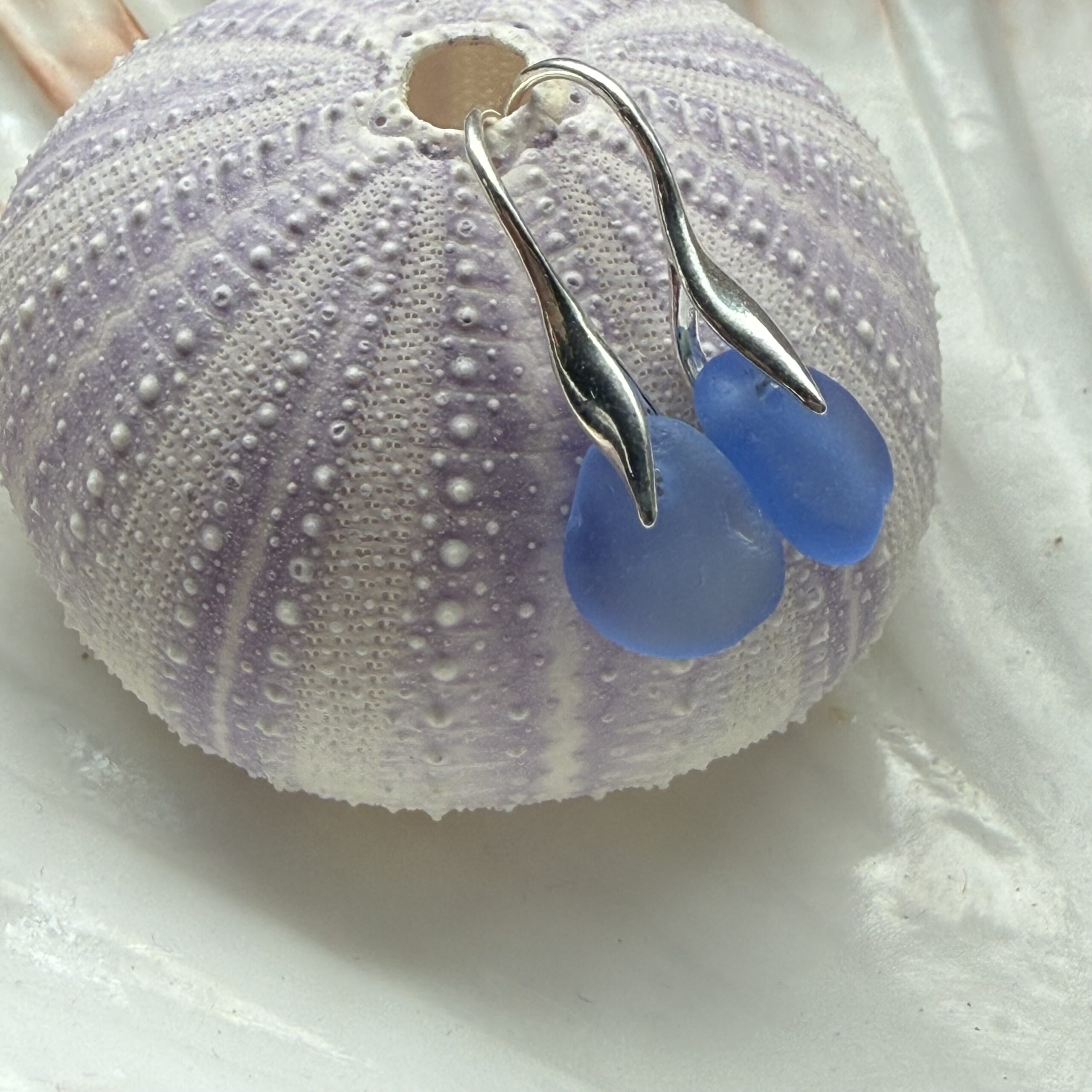 blauwe zeeglas oorbellen met gouden oorhaakjes hangend aan zeeegelschelp