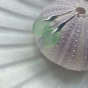 lichtgroen zeeglas oorbellen met zilveren oorhaakjes hangend aan zeeegelschelp