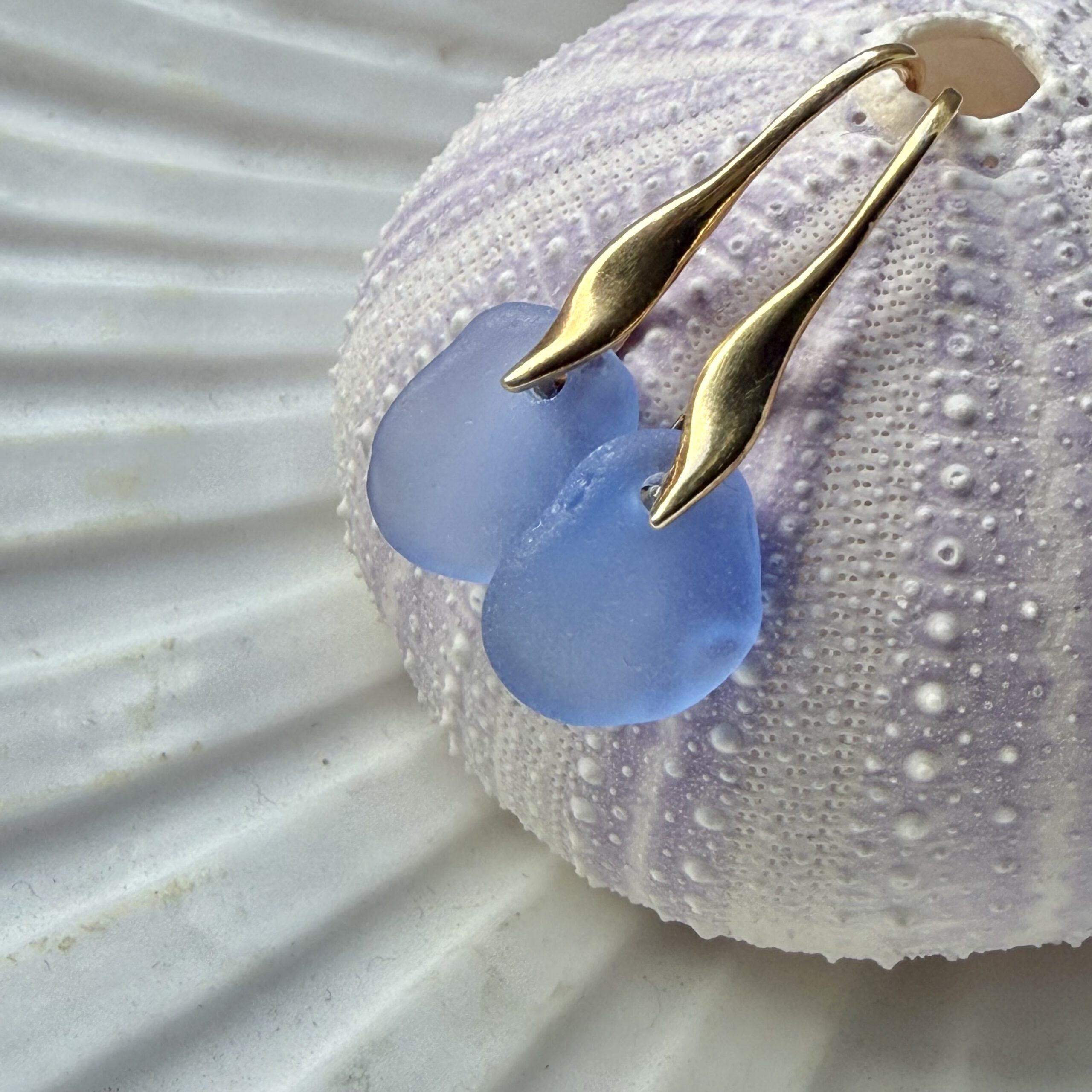 blauwe zeeglas oorbellen met gouden oorhaakjes hangend aan zeeegelschelp