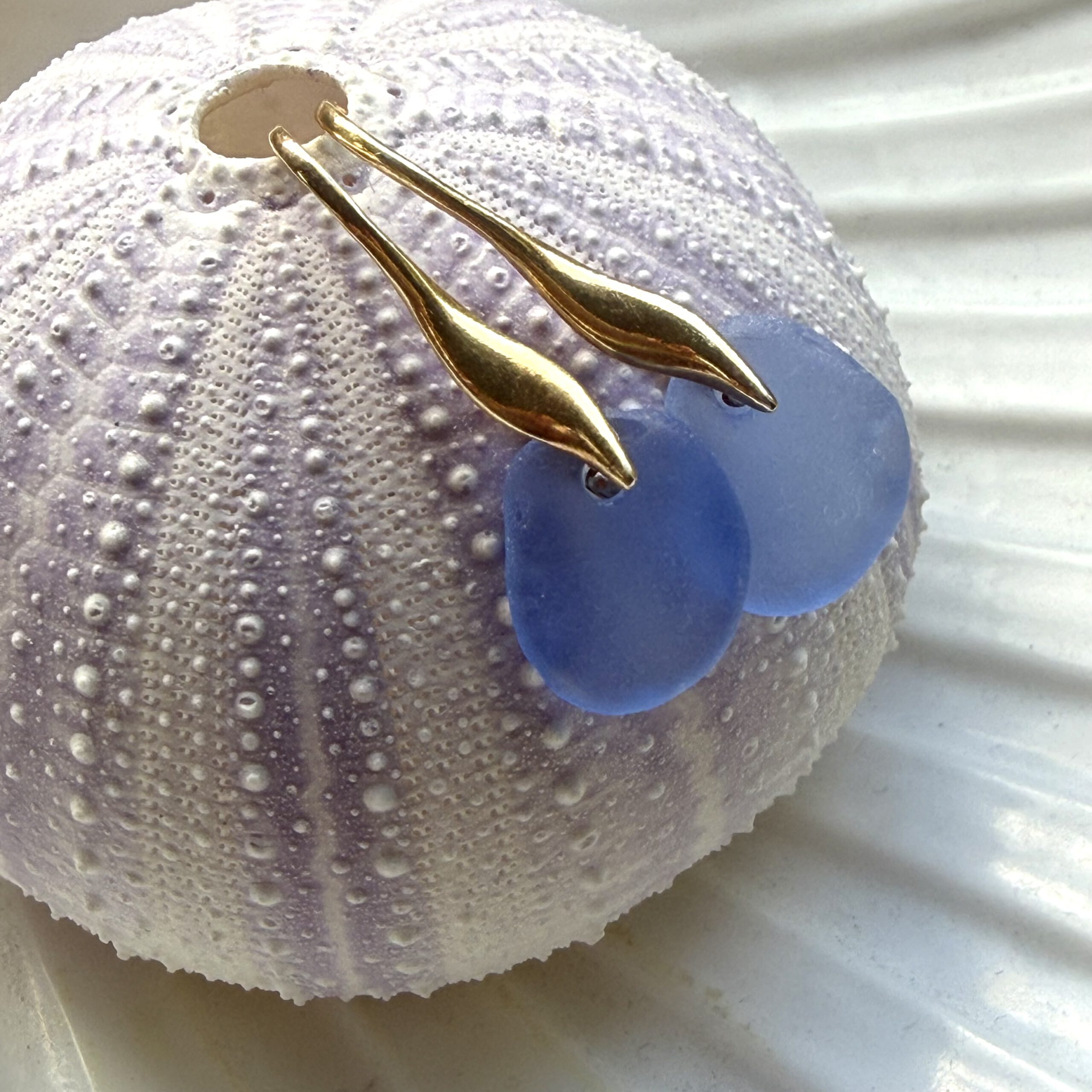 blauwe zeeglas oorbellen met gouden oorhaakjes hangend aan zeeegelschelp